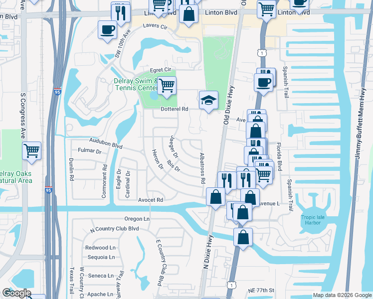 map of restaurants, bars, coffee shops, grocery stores, and more near 623 Jaeger Drive in Delray Beach
