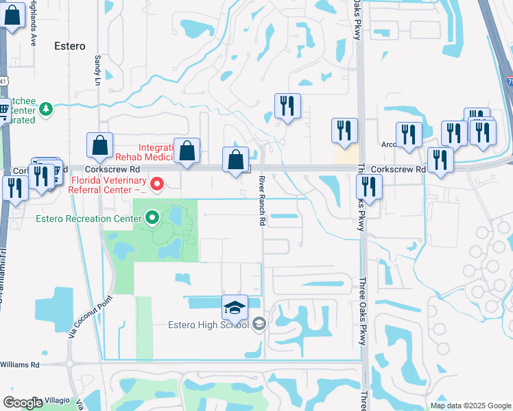 map of restaurants, bars, coffee shops, grocery stores, and more near 21474 River Ranch Road in Estero