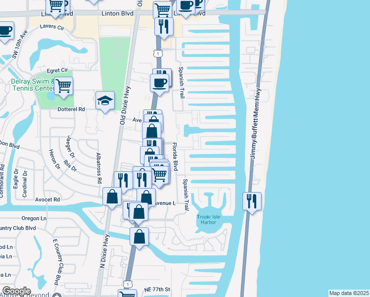 map of restaurants, bars, coffee shops, grocery stores, and more near 931 Gardenia Drive in Delray Beach