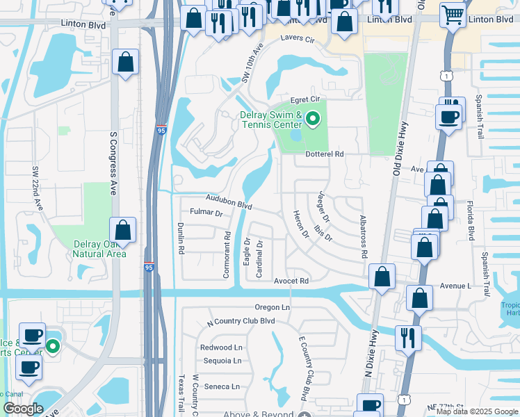 map of restaurants, bars, coffee shops, grocery stores, and more near 37 Audubon Boulevard in Delray Beach