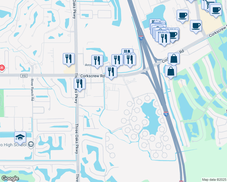 map of restaurants, bars, coffee shops, grocery stores, and more near 10500 Corkscrew Road in Estero