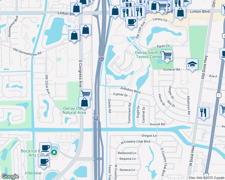 map of restaurants, bars, coffee shops, grocery stores, and more near 1546 Audubon Boulevard in Delray Beach
