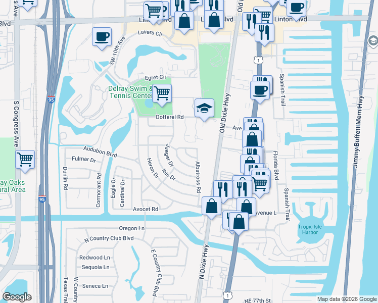 map of restaurants, bars, coffee shops, grocery stores, and more near 631 Linnet Circle in Delray Beach