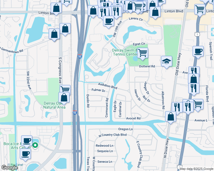 map of restaurants, bars, coffee shops, grocery stores, and more near 1501 Dotterel Road in Delray Beach