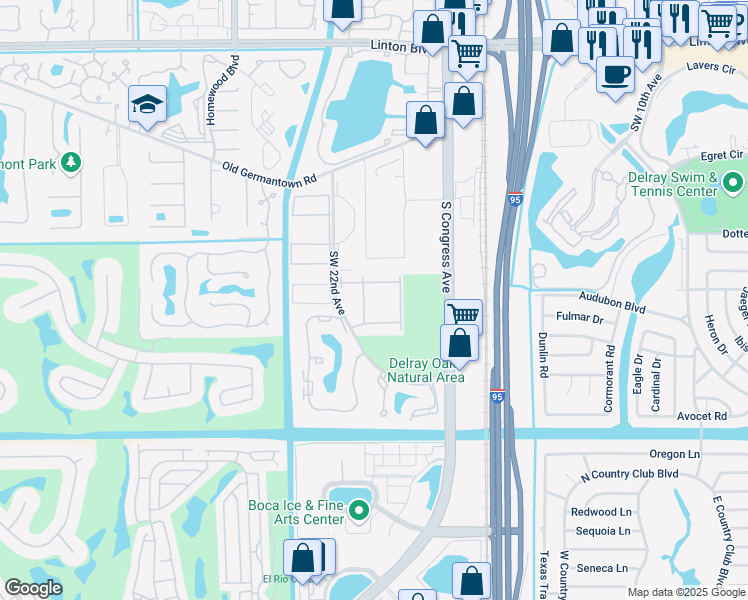 map of restaurants, bars, coffee shops, grocery stores, and more near 2865 Southwest 22nd Avenue in Delray Beach