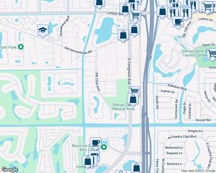 map of restaurants, bars, coffee shops, grocery stores, and more near 2885 Southwest 22nd Avenue in Delray Beach