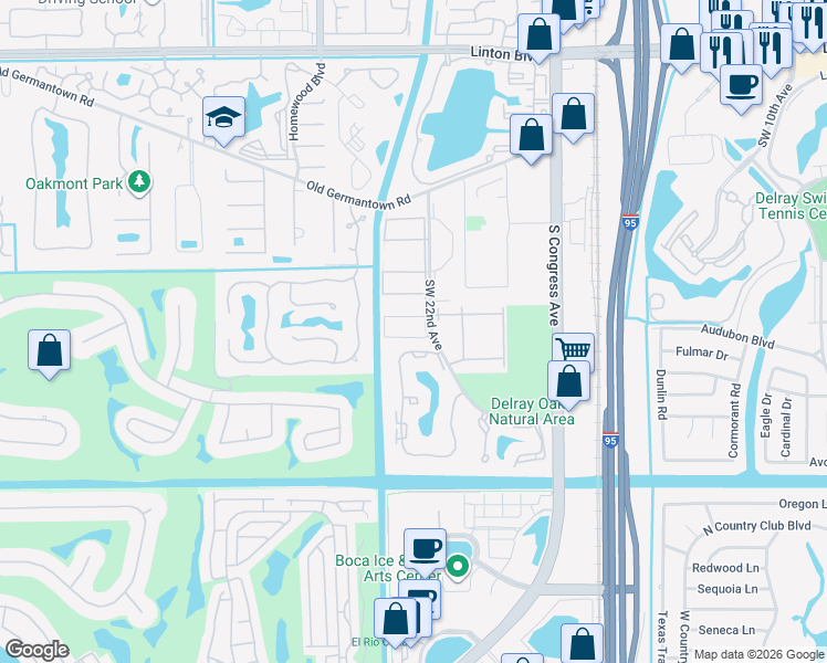 map of restaurants, bars, coffee shops, grocery stores, and more near 2920 Southwest 22nd Avenue in Delray Beach