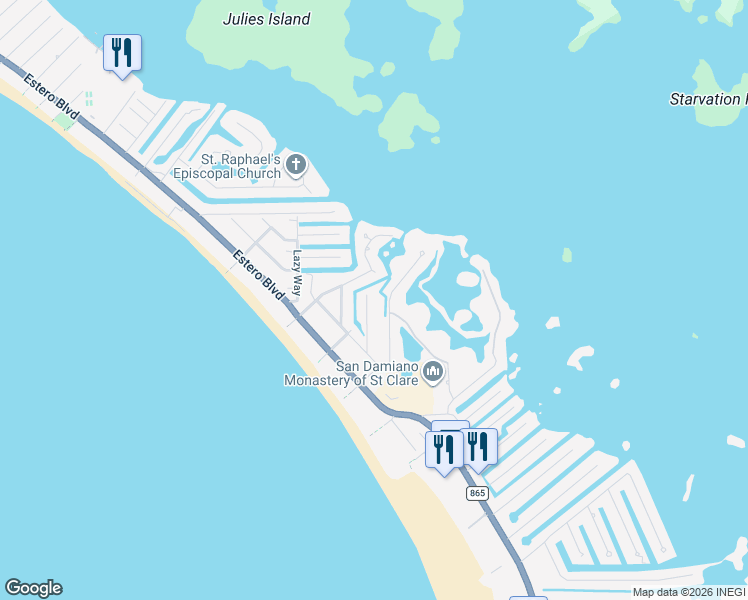 map of restaurants, bars, coffee shops, grocery stores, and more near 305 Dundee Road in Fort Myers Beach