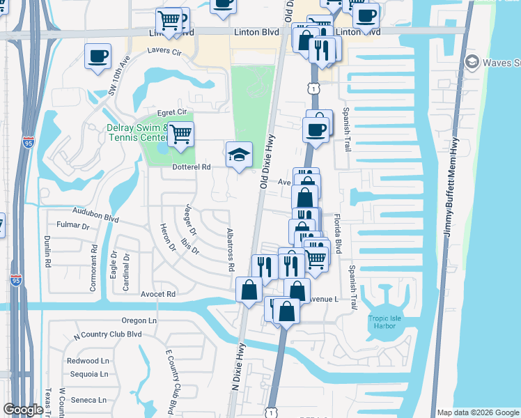 map of restaurants, bars, coffee shops, grocery stores, and more near 2820 South Dixie Highway in Delray Beach