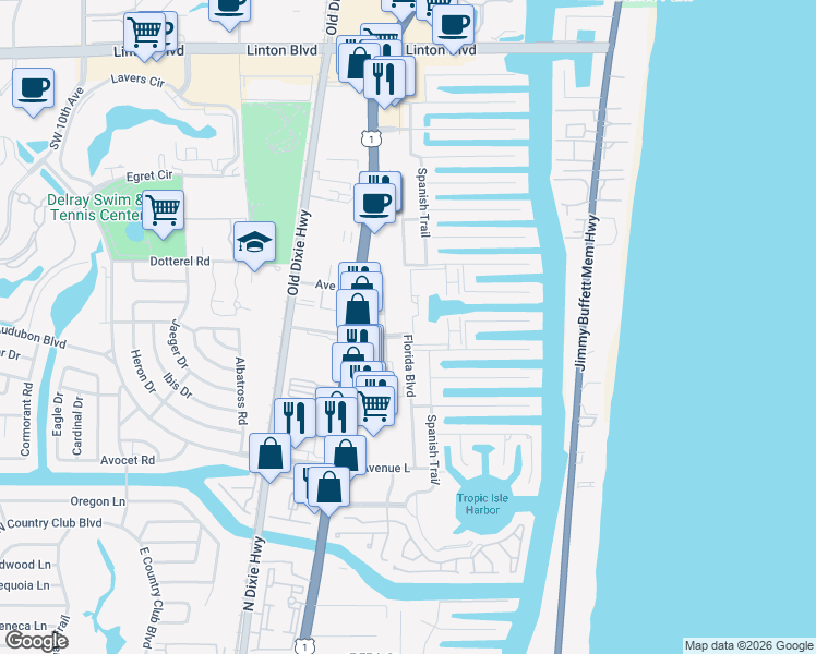 map of restaurants, bars, coffee shops, grocery stores, and more near Florida Boulevard in Delray Beach