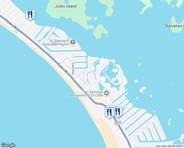 map of restaurants, bars, coffee shops, grocery stores, and more near 305 Dundee Road in Fort Myers Beach