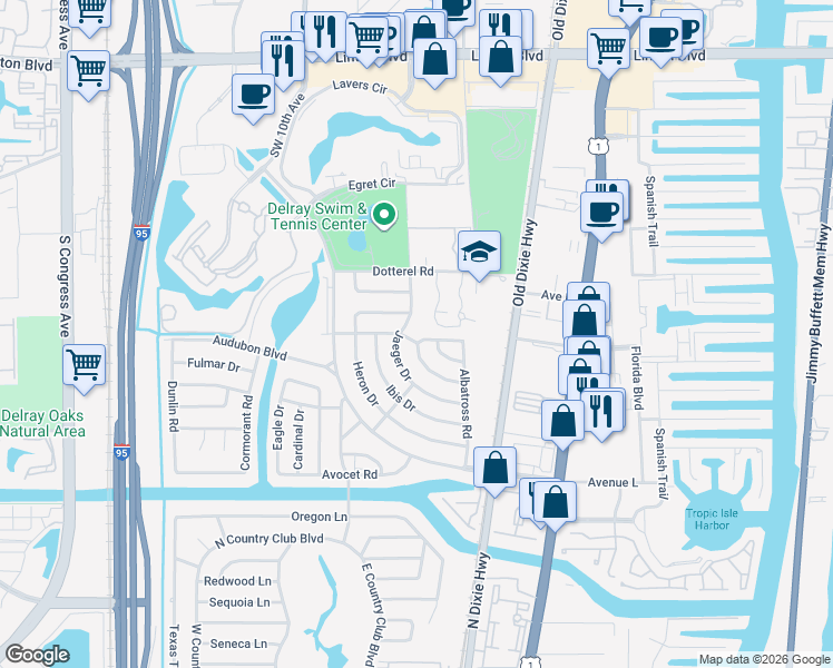 map of restaurants, bars, coffee shops, grocery stores, and more near 597 Curlew Road in Delray Beach