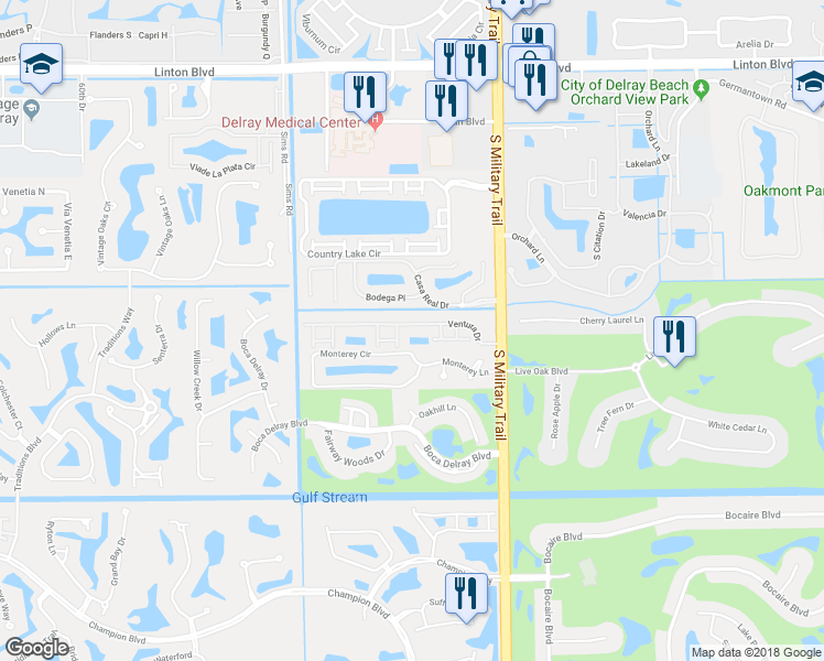 map of restaurants, bars, coffee shops, grocery stores, and more near 5160 Ventura Drive in Delray Beach