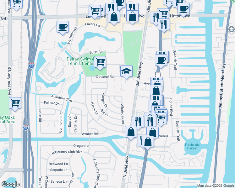 map of restaurants, bars, coffee shops, grocery stores, and more near 513 Curlew Road in Delray Beach