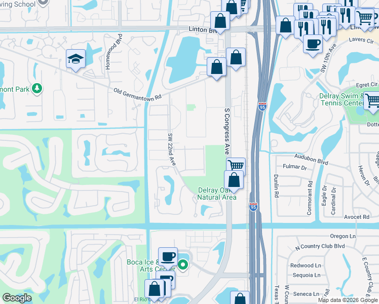map of restaurants, bars, coffee shops, grocery stores, and more near 2885 Southwest 22nd Avenue in Delray Beach