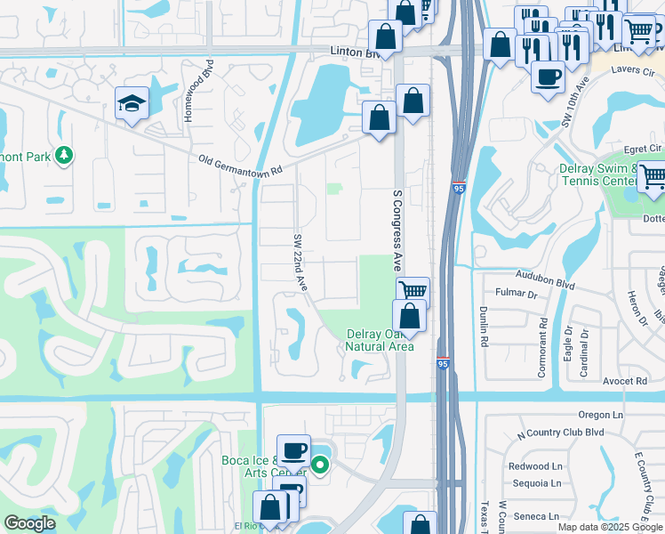 map of restaurants, bars, coffee shops, grocery stores, and more near 2885 Southwest 22nd Avenue in Delray Beach