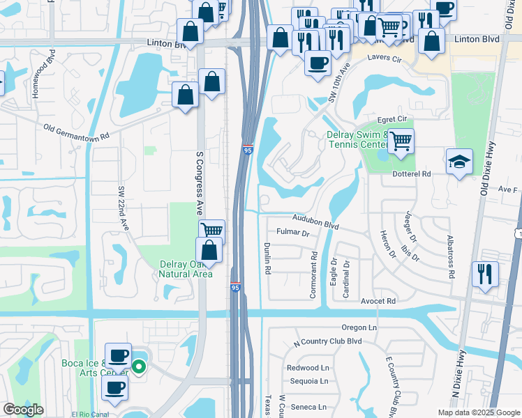 map of restaurants, bars, coffee shops, grocery stores, and more near 1330 Crystal Way in Delray Beach
