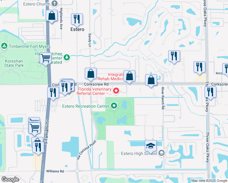 map of restaurants, bars, coffee shops, grocery stores, and more near 9220 Estero Park Commons Boulevard in Estero