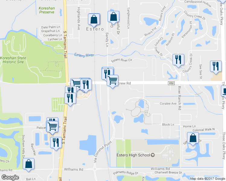 map of restaurants, bars, coffee shops, grocery stores, and more near 9050 Corkscrew Road in Estero