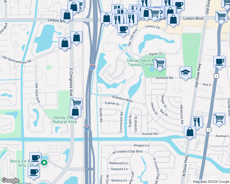 map of restaurants, bars, coffee shops, grocery stores, and more near 1205 Crystal Way in Delray Beach