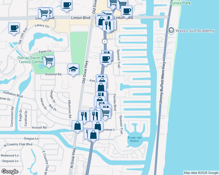 map of restaurants, bars, coffee shops, grocery stores, and more near 2710 Frederick Boulevard in Delray Beach