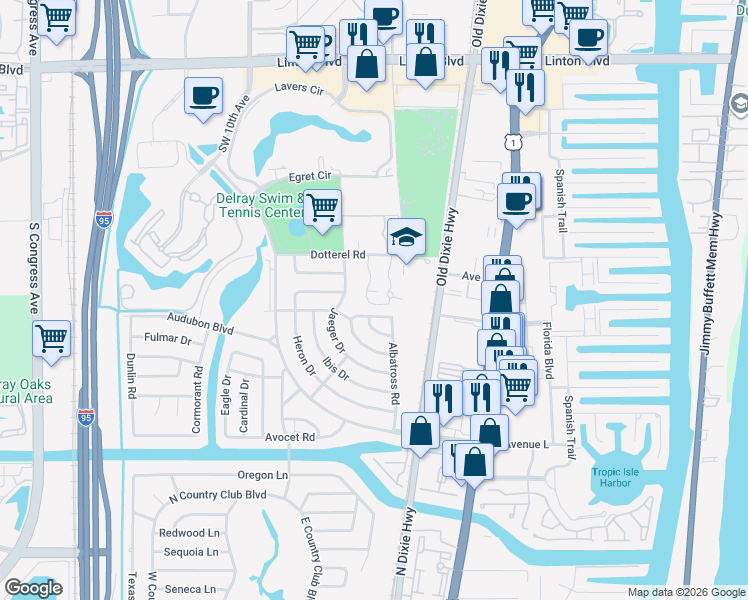 map of restaurants, bars, coffee shops, grocery stores, and more near 2677 Albatross Road North in Delray Beach