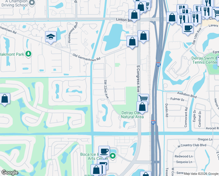 map of restaurants, bars, coffee shops, grocery stores, and more near 2865 Southwest 22nd Avenue in Delray Beach