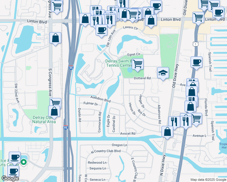 map of restaurants, bars, coffee shops, grocery stores, and more near 37 Audubon Boulevard in Delray Beach