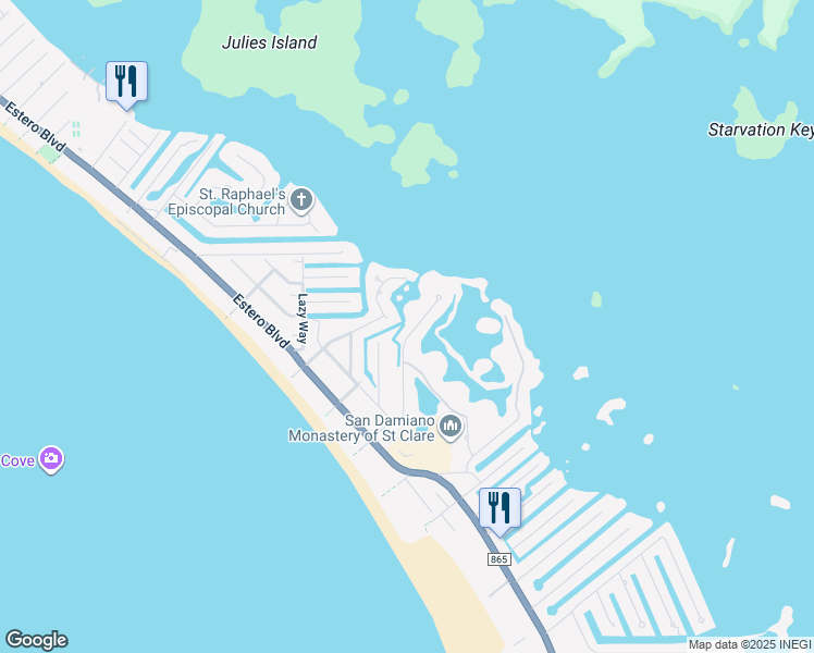 map of restaurants, bars, coffee shops, grocery stores, and more near 21581 Indian Bayou Drive in Fort Myers Beach