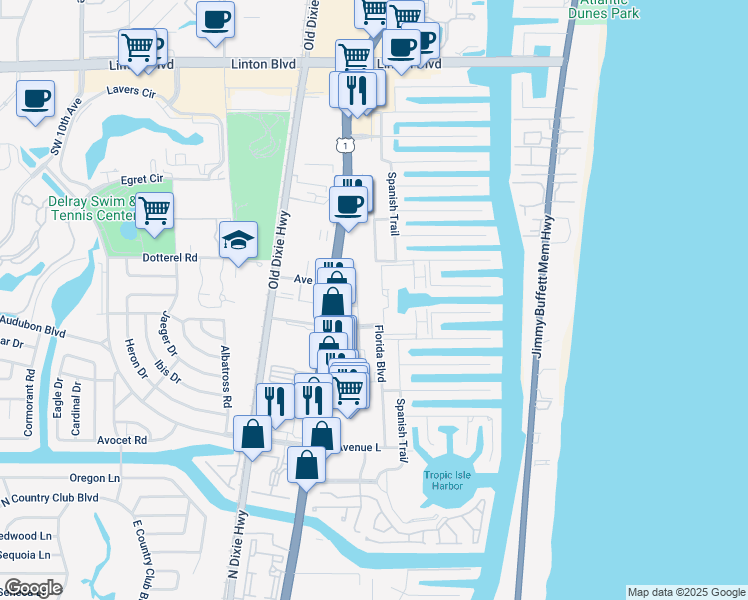 map of restaurants, bars, coffee shops, grocery stores, and more near 2630 Florida Boulevard in Delray Beach