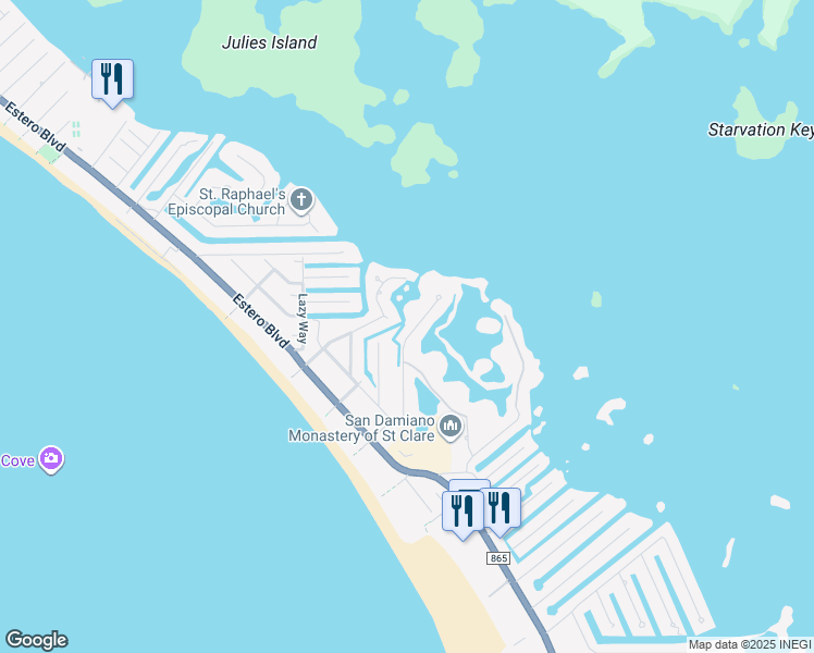 map of restaurants, bars, coffee shops, grocery stores, and more near 21581 Indian Bayou Drive in Fort Myers Beach