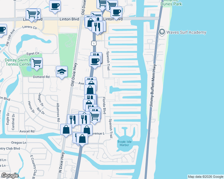 map of restaurants, bars, coffee shops, grocery stores, and more near 2809 Florida Boulevard in Delray Beach