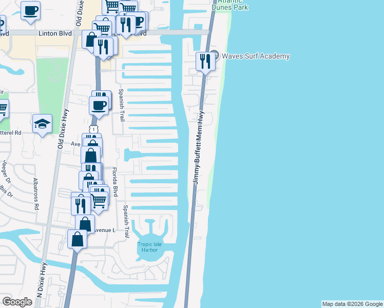 map of restaurants, bars, coffee shops, grocery stores, and more near 2366 South Ocean Boulevard in Highland Beach