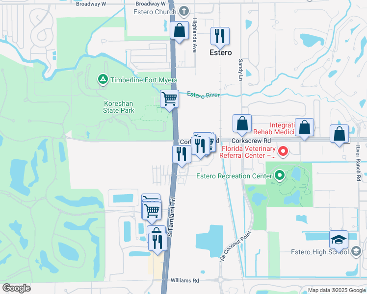 map of restaurants, bars, coffee shops, grocery stores, and more near 8660 Corkscrew Road in Estero