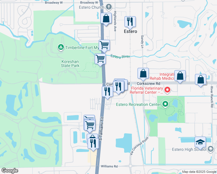 map of restaurants, bars, coffee shops, grocery stores, and more near 8660 Corkscrew Road in Estero