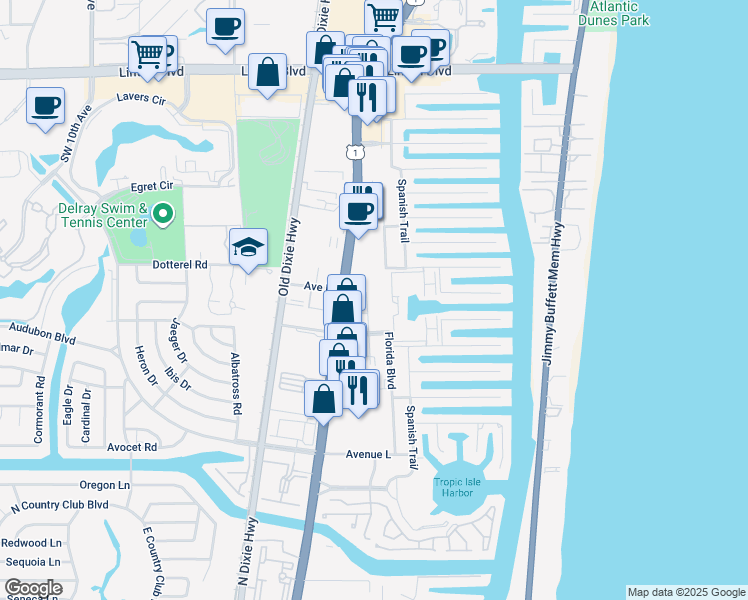 map of restaurants, bars, coffee shops, grocery stores, and more near 2611 Frederick Boulevard in Delray Beach