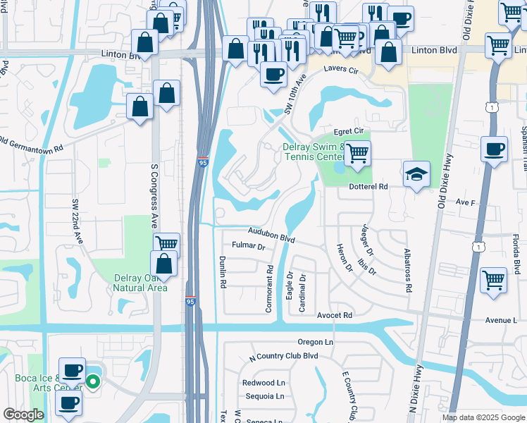 map of restaurants, bars, coffee shops, grocery stores, and more near 2036 Alta Meadows Lane in Delray Beach