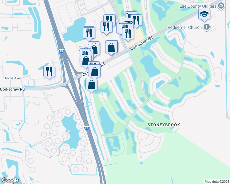 map of restaurants, bars, coffee shops, grocery stores, and more near 21550 Berwhich Run in Estero