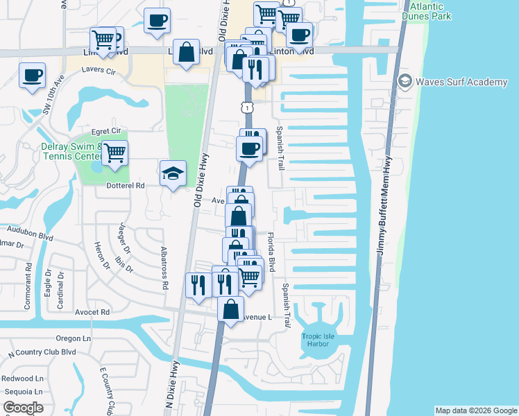 map of restaurants, bars, coffee shops, grocery stores, and more near 2607 Frederick Boulevard in Delray Beach