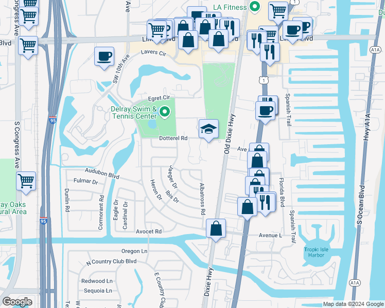 map of restaurants, bars, coffee shops, grocery stores, and more near 2685 Albatross Road North in Delray Beach