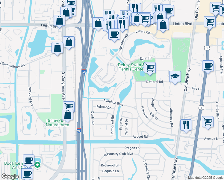 map of restaurants, bars, coffee shops, grocery stores, and more near 1125 Crystal Way in Delray Beach