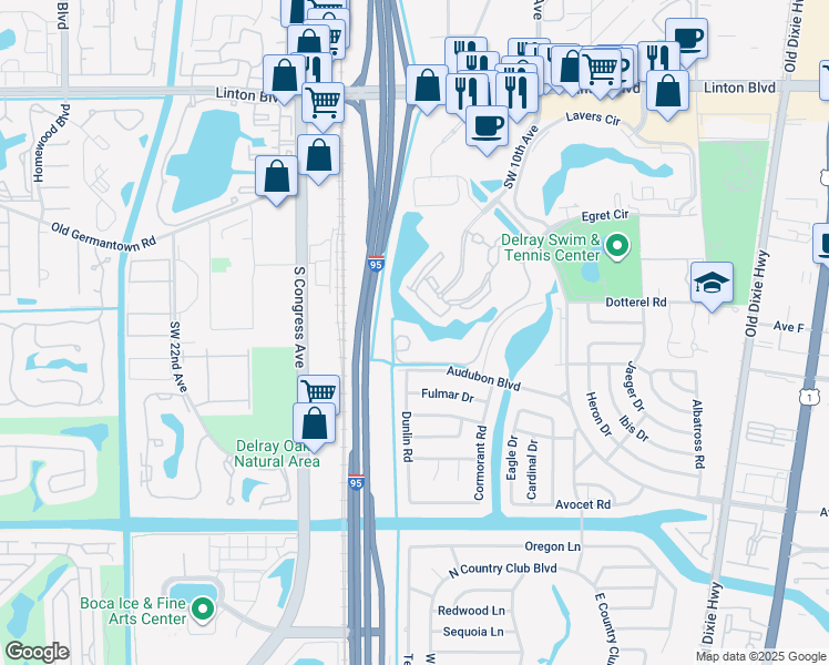 map of restaurants, bars, coffee shops, grocery stores, and more near 1365 Crystal Way in Delray Beach