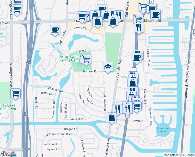 map of restaurants, bars, coffee shops, grocery stores, and more near 2560 Albatross Road North in Delray Beach