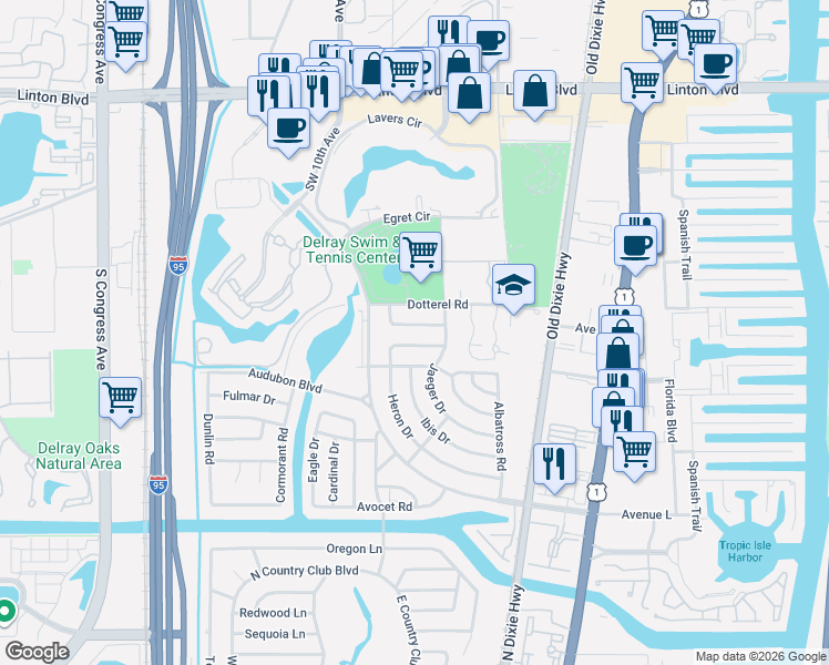 map of restaurants, bars, coffee shops, grocery stores, and more near 738 Mallard Drive in Delray Beach