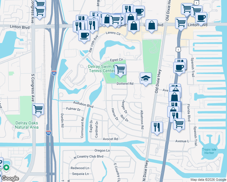 map of restaurants, bars, coffee shops, grocery stores, and more near 764 Mallard Drive in Delray Beach