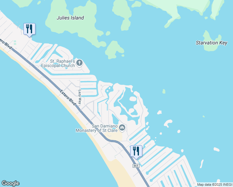 map of restaurants, bars, coffee shops, grocery stores, and more near 21542 Indian Bayou Drive in Fort Myers Beach