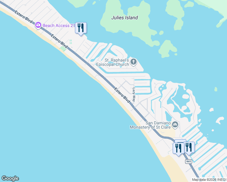 map of restaurants, bars, coffee shops, grocery stores, and more near 5420 Estero Boulevard in Fort Myers Beach