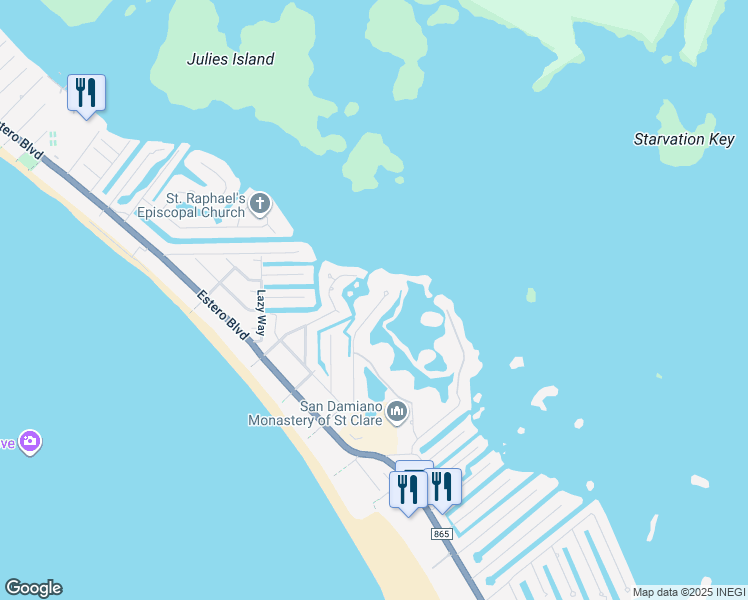 map of restaurants, bars, coffee shops, grocery stores, and more near 21540 Indian Bayou Drive in Fort Myers Beach