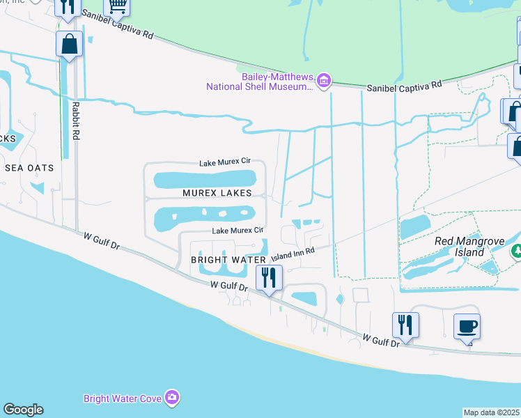 map of restaurants, bars, coffee shops, grocery stores, and more near 497 East Lake Road in Sanibel
