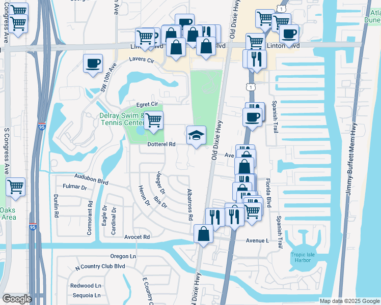 map of restaurants, bars, coffee shops, grocery stores, and more near 2560 Albatross Road North in Delray Beach